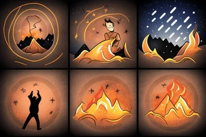 A man looking up to the stars on a mountaintop with flame behind the man tattoo idea