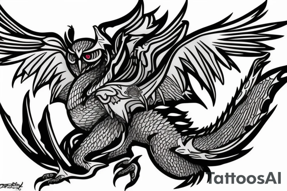 owl dragon hybrid with a technological greatsword tattoo idea