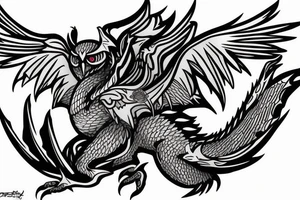 owl dragon hybrid with a technological greatsword tattoo idea