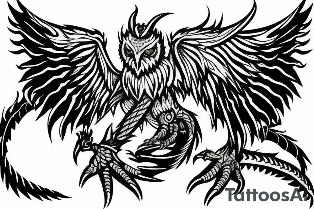 owl dragon hybrid with a technological greatsword tattoo idea