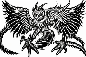 owl dragon hybrid with a technological greatsword tattoo idea