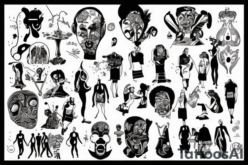 An art basement where people in different funny outfits socialize and draw tattoo idea