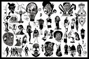 An art basement where people in different funny outfits socialize and draw tattoo idea