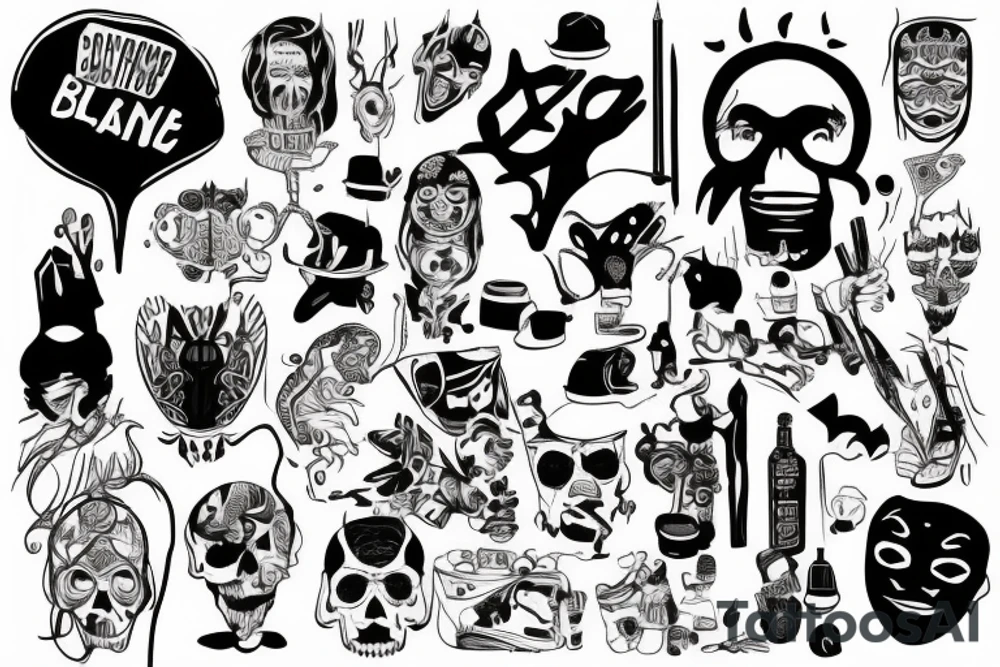 An art basement where people in different funny outfits socialize and draw tattoo idea