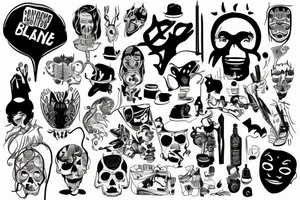 An art basement where people in different funny outfits socialize and draw tattoo idea