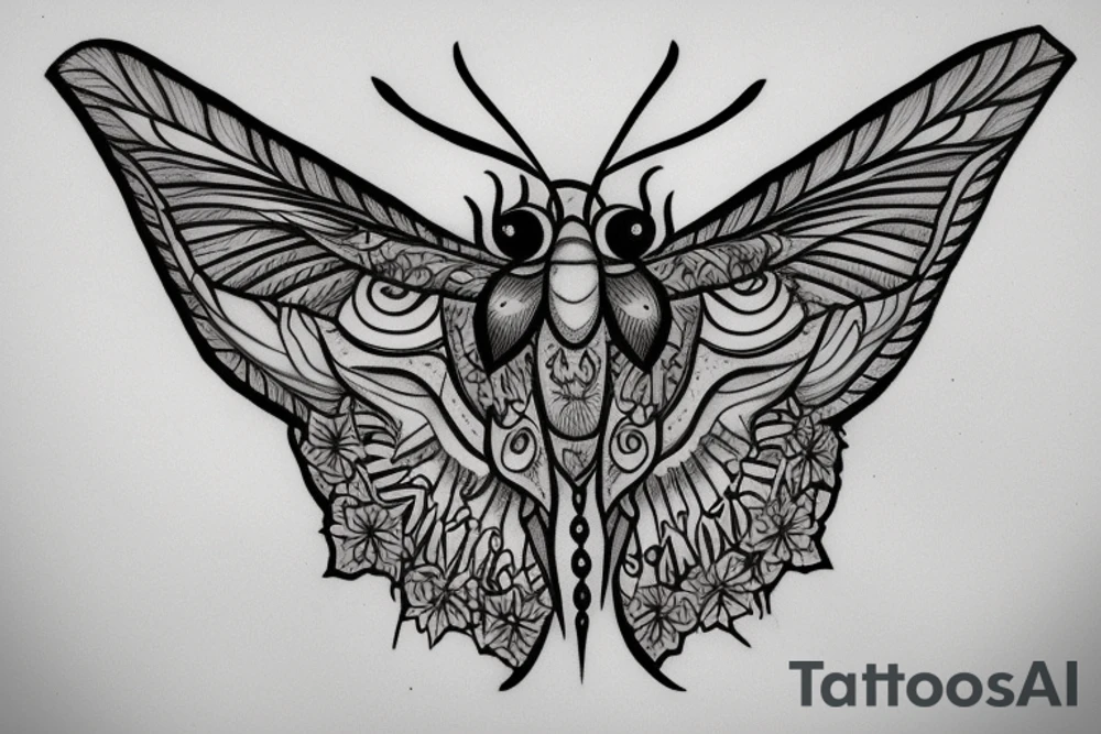 A moth with a crescent moon on the centre of the body tattoo idea