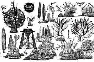 A detailed landscape drawing of the Karoo with a windmill and aloes tattoo idea