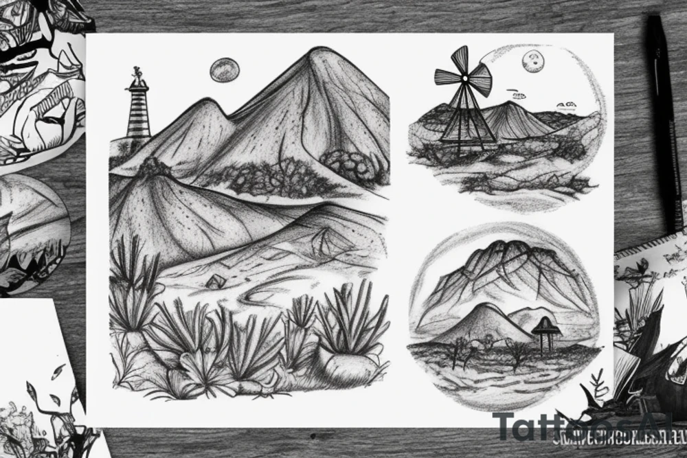 A detailed landscape drawing of the Karoo with a windmill and aloes tattoo idea