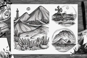 A detailed landscape drawing of the Karoo with a windmill and aloes tattoo idea