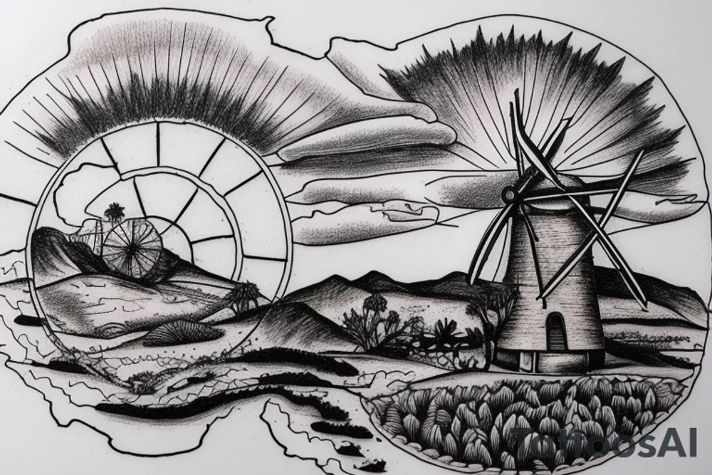 A detailed landscape drawing of the Karoo with a windmill and aloes tattoo idea