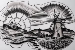 A detailed landscape drawing of the Karoo with a windmill and aloes tattoo idea