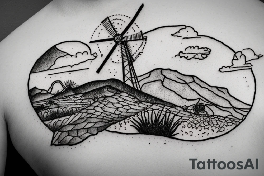 A detailed landscape drawing of the Karoo with a windmill and aloes tattoo idea