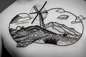 A detailed landscape drawing of the Karoo with a windmill and aloes tattoo idea