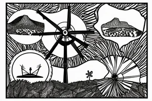 A detailed landscape drawing of the Karoo with a windmill and aloes tattoo idea