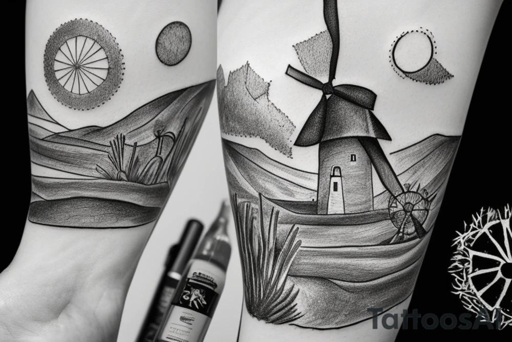 A detailed landscape drawing of the Karoo with a windmill and aloes tattoo idea