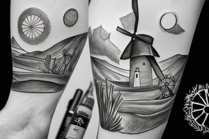 A detailed landscape drawing of the Karoo with a windmill and aloes tattoo idea