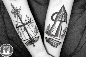 A detailed landscape drawing of the Karoo with a windmill and aloes tattoo idea