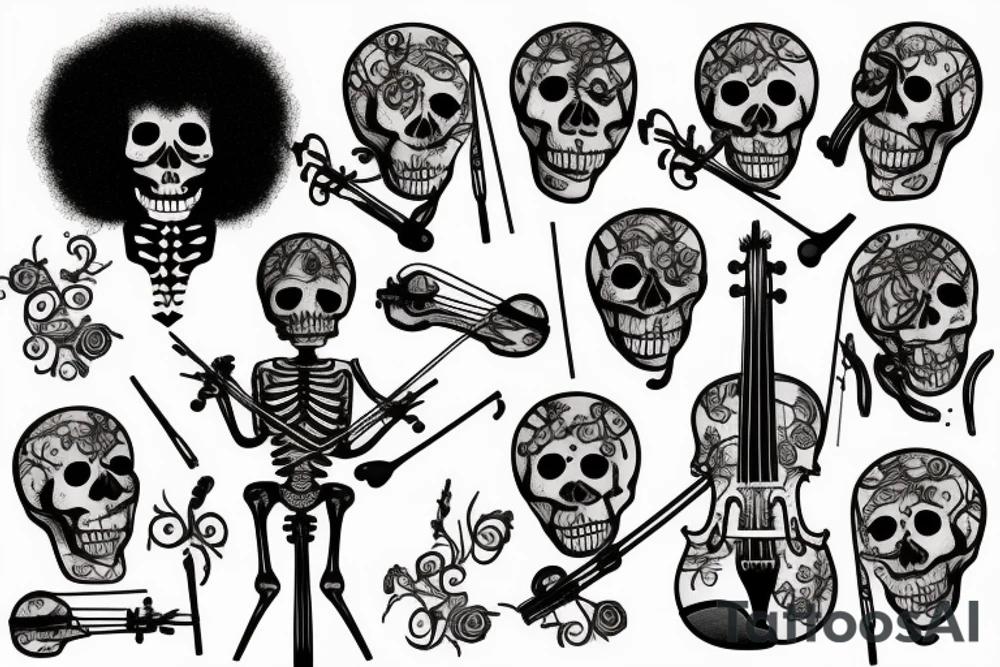 i want a skeleton with afro hair dancing and playing violin tattoo idea