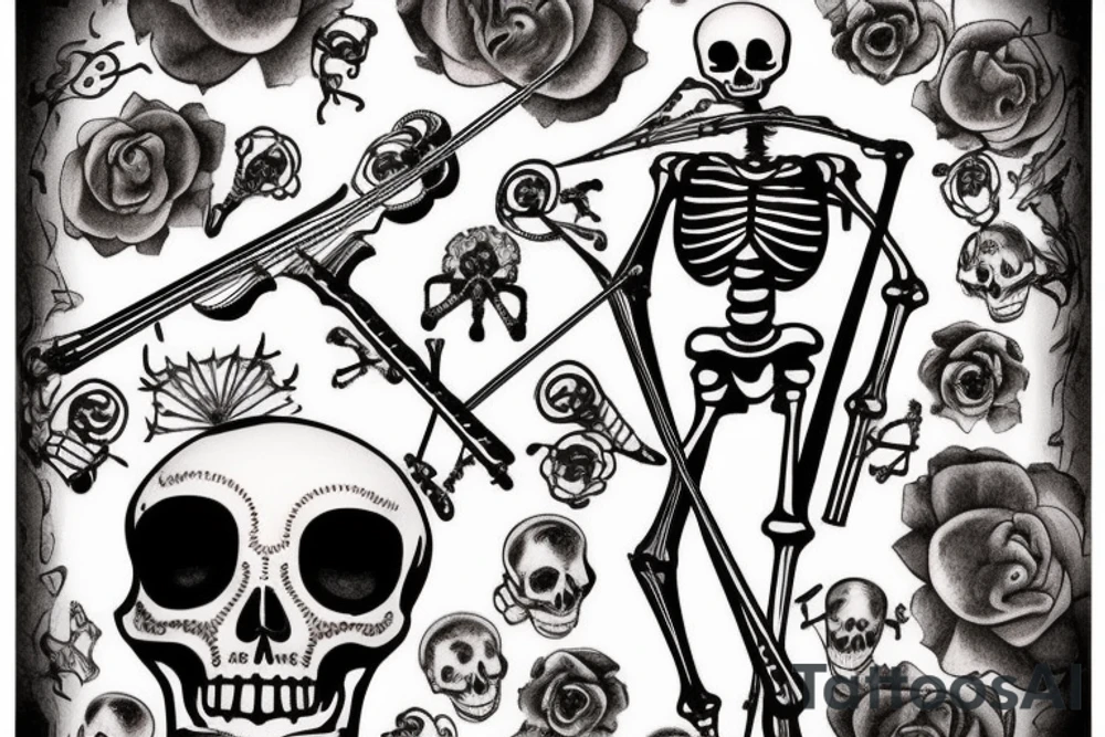 i want a skeleton with afro hair dancing and playing violin tattoo idea