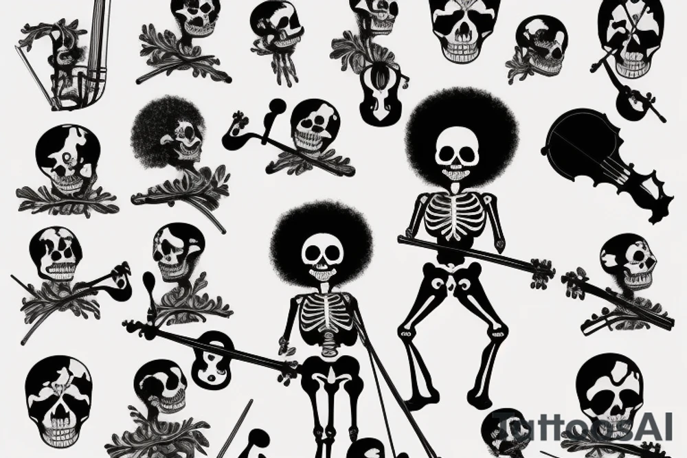 i want a skeleton with afro hair dancing and playing violin tattoo idea