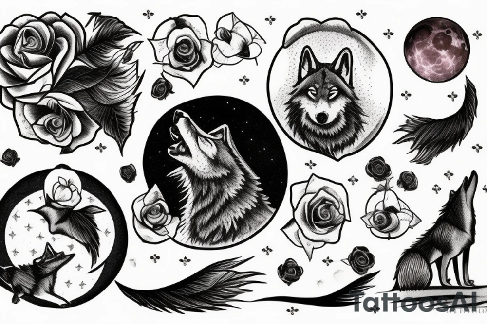 A wolf howling at the moon over the ocean in a rose garden tattoo idea