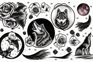 A wolf howling at the moon over the ocean in a rose garden tattoo idea