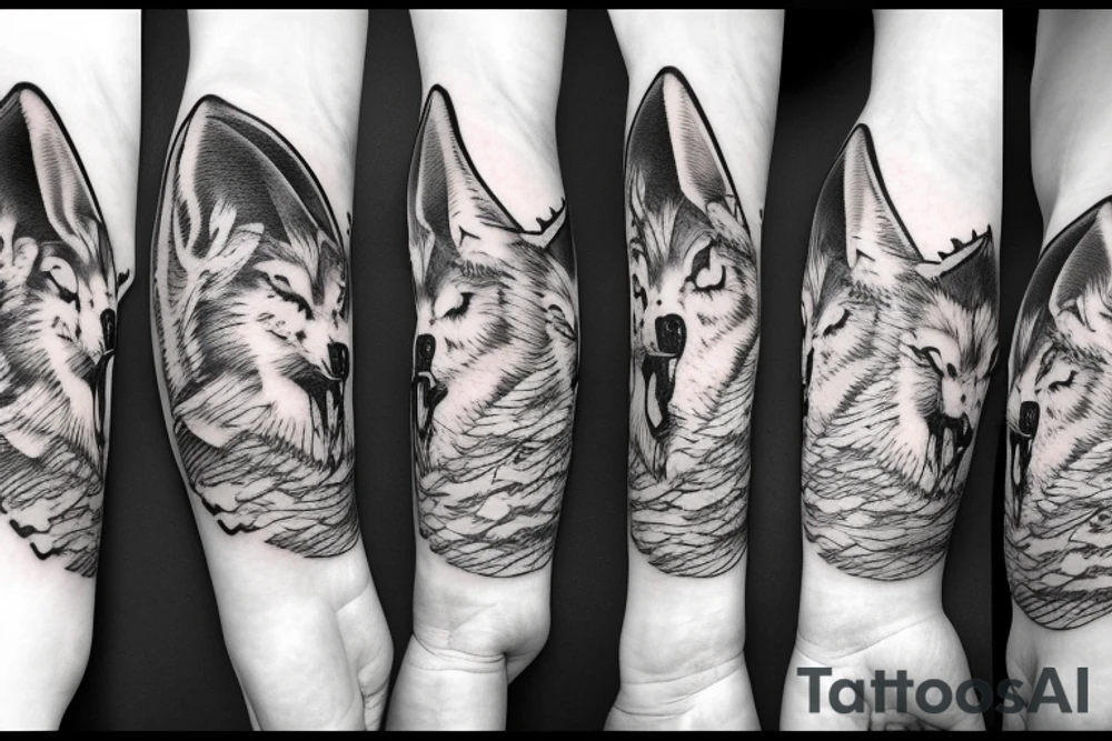 A wolf howling at the moon over the ocean in a rose garden tattoo idea