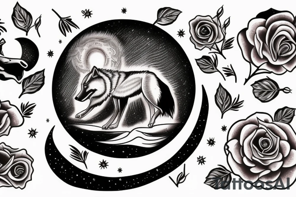 A wolf howling at the moon over the ocean in a rose garden tattoo idea