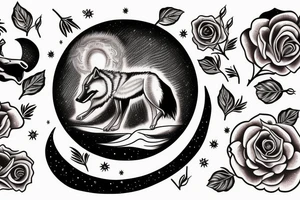 A wolf howling at the moon over the ocean in a rose garden tattoo idea