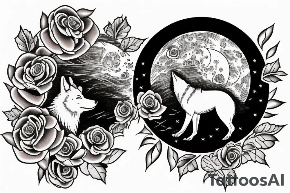 A wolf howling at the moon over the ocean in a rose garden tattoo idea
