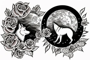 A wolf howling at the moon over the ocean in a rose garden tattoo idea