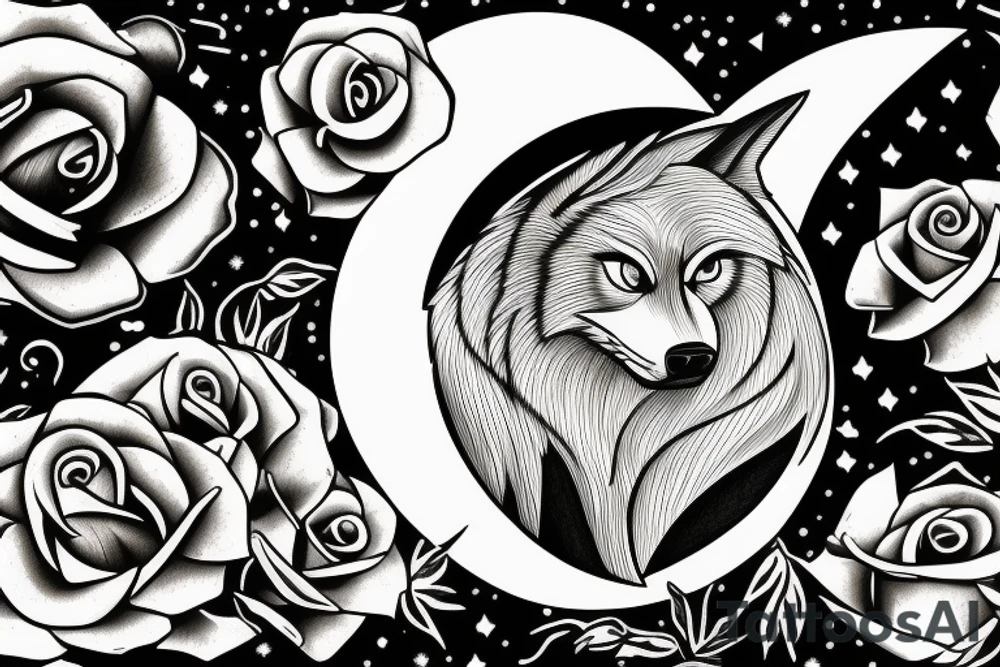 A wolf howling at the moon over the ocean in a rose garden tattoo idea