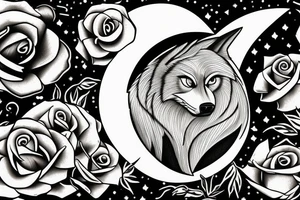 A wolf howling at the moon over the ocean in a rose garden tattoo idea