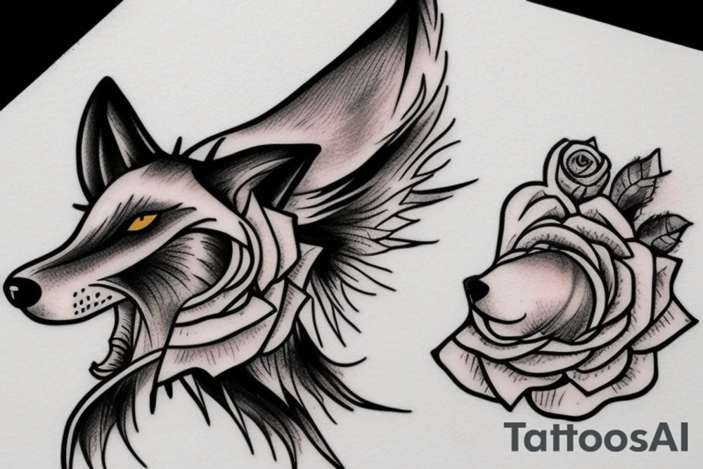 A wolf howling at the moon over the ocean in a rose garden tattoo idea