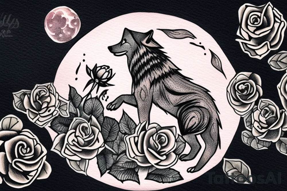 A wolf howling at the moon over the ocean in a rose garden tattoo idea