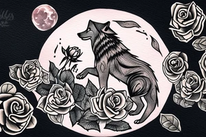 A wolf howling at the moon over the ocean in a rose garden tattoo idea
