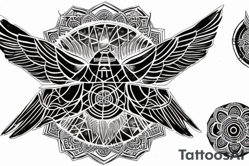 Mandala, ship with wings, time, all-seeing eye, hexagon scarab tattoo idea