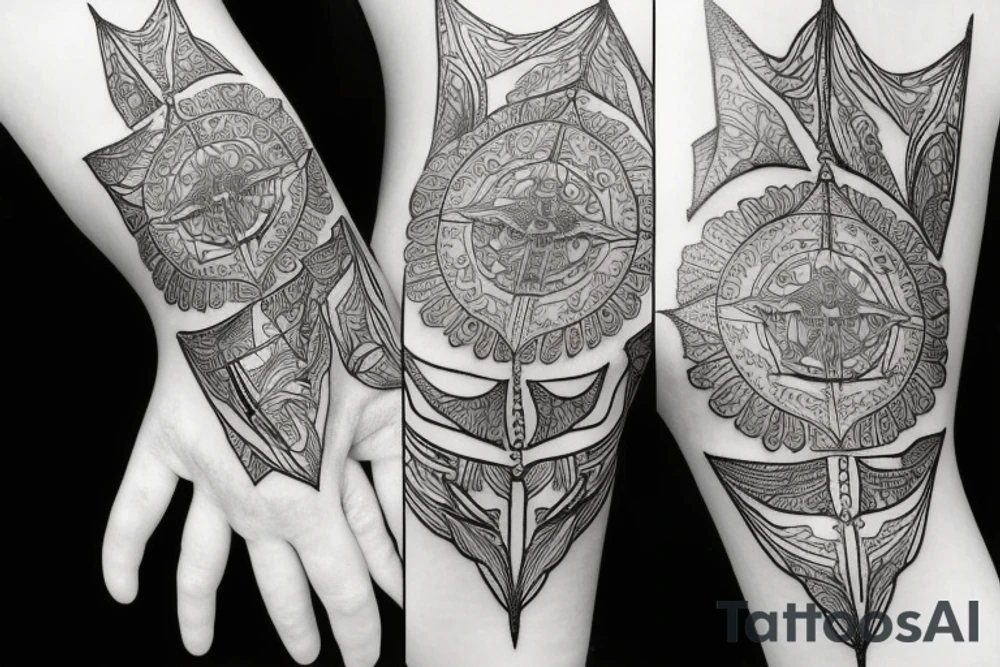 Mandala, ship with wings, time, all-seeing eye, hexagon scarab tattoo idea