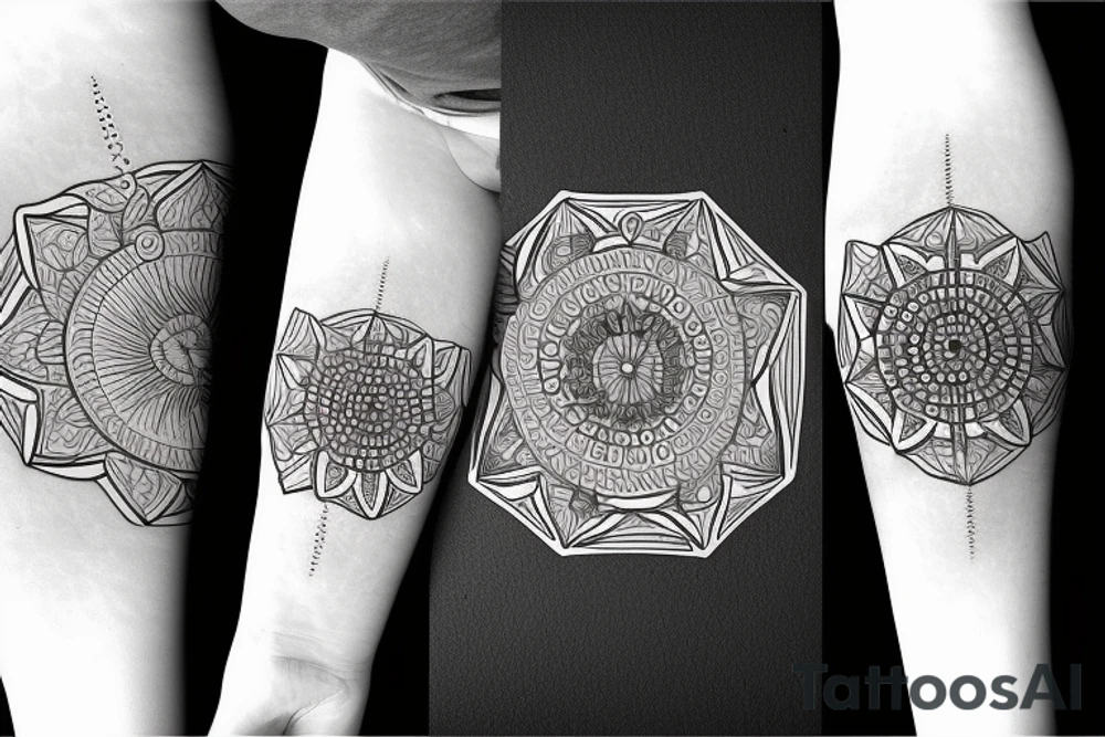 Mandala, ship with wings, time, all-seeing eye, hexagon scarab tattoo idea