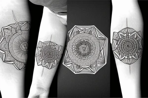 Mandala, ship with wings, time, all-seeing eye, hexagon scarab tattoo idea