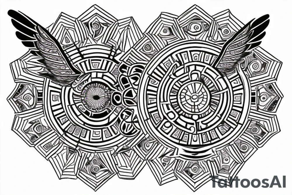 Mandala, ship with wings, time, all-seeing eye, hexagon scarab tattoo idea