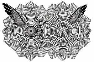 Mandala, ship with wings, time, all-seeing eye, hexagon scarab tattoo idea
