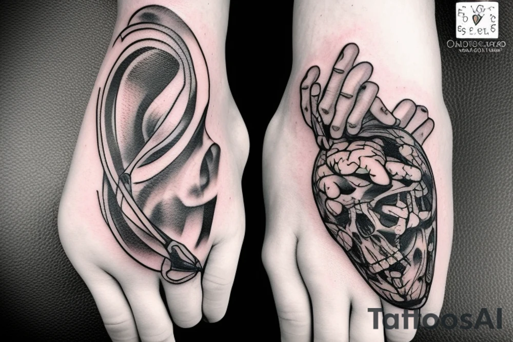 overthinking tattoo human hand holding a real heart and dark hand pulls a brain with strings tattoo idea