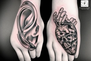 overthinking tattoo human hand holding a real heart and dark hand pulls a brain with strings tattoo idea