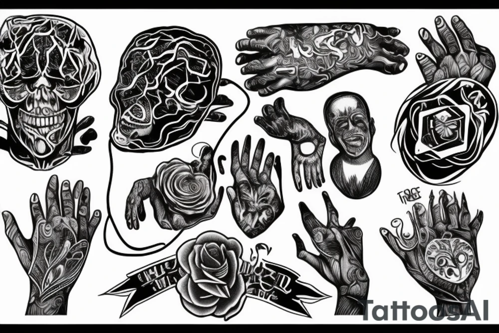 overthinking tattoo human hand holding a real heart at the bottom and demon hand pulls a brain with strings at the top tattoo idea