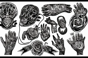 overthinking tattoo human hand holding a real heart at the bottom and demon hand pulls a brain with strings at the top tattoo idea