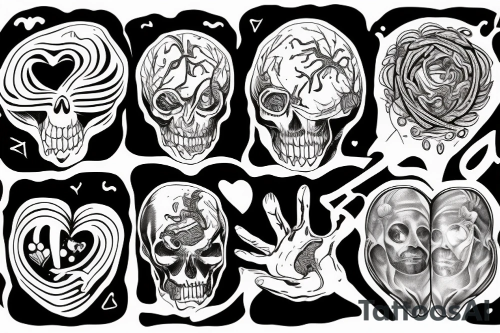 overthinking tattoo human hand holding a real heart at the bottom and demon hand pulls a brain with strings at the top tattoo idea