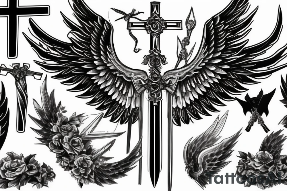 Black Sword with Angel wings and a Christian cross tattoo idea