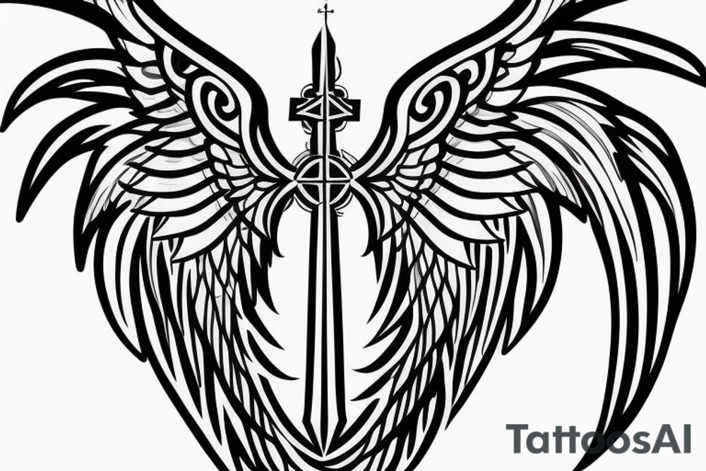 Black Sword with Angel wings and a Christian cross tattoo idea