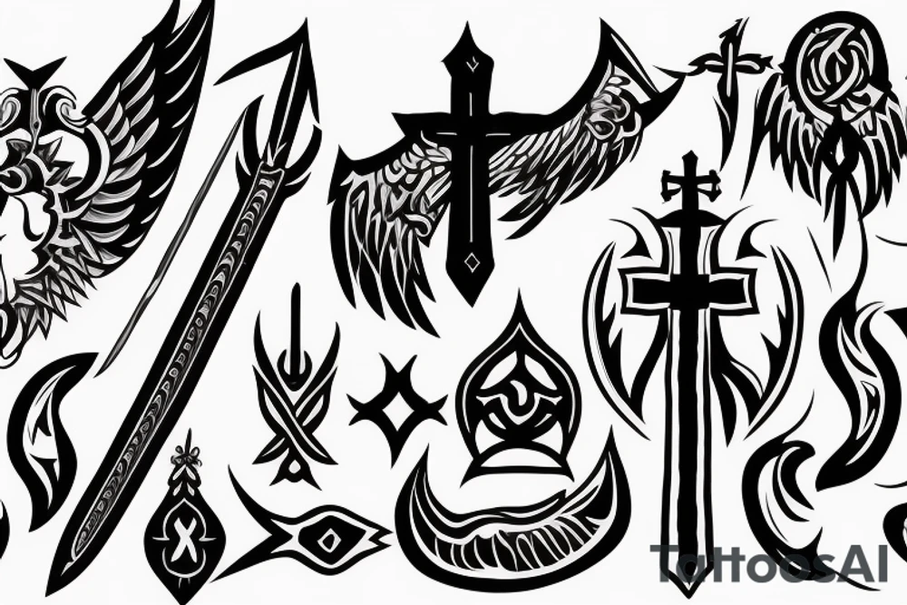 Black Sword with Angel wings and a Christian cross tattoo idea